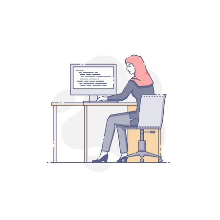 Vector illustration of female worker sitting at stationery computer in office.のイラスト素材