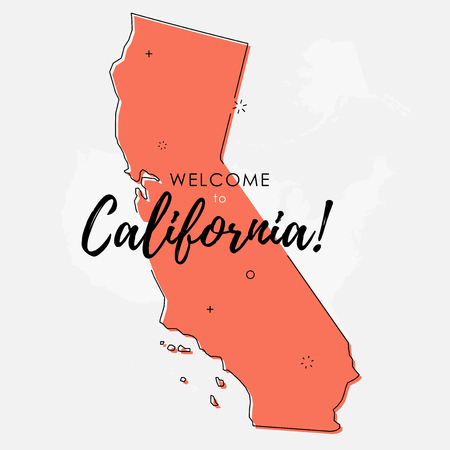 Vector illustration of California state map over US map in trendy flat line style.のイラスト素材