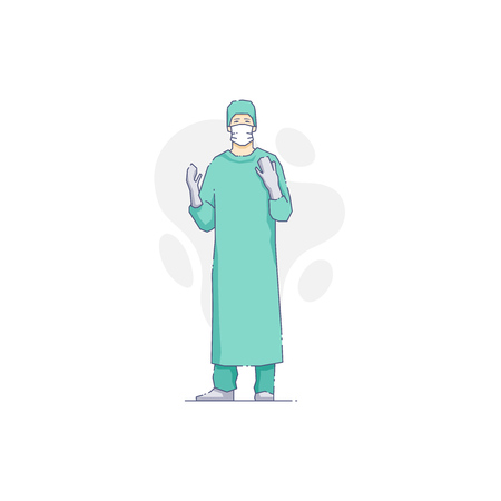 Vector illustration of man doctor in gloves with hands up.のイラスト素材