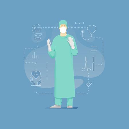 Vector illustration of man doctor in gloves with hands up.のイラスト素材