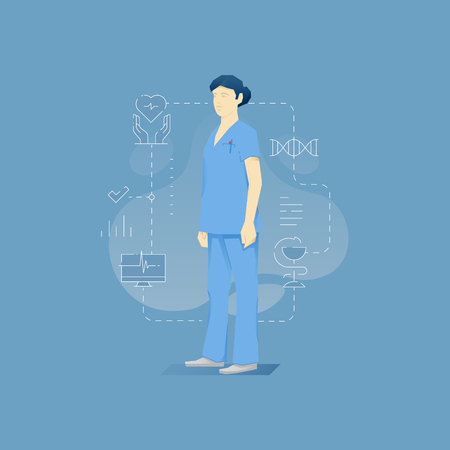 Vector illustration of woman medical specialist stands in blue uniform.のイラスト素材