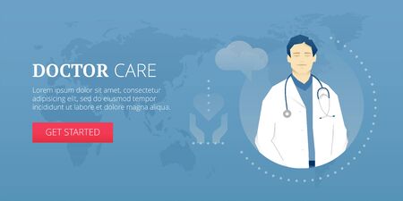 Vector illustration of doctor care flat line style banner and medic with stethoscope.のイラスト素材