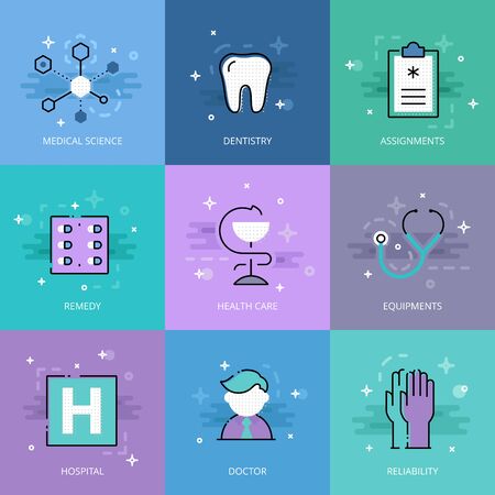Set of flat line styled medical science and healthcare elements in vector.のイラスト素材