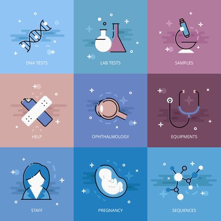 Set of flat line styled medical science and healthcare elements in vector.のイラスト素材