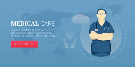 Vector illustration of medical care flat line style banner and medic with stethoscope.のイラスト素材