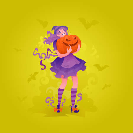 Cute redhead witch girl carrying pumpkin with carved face.のイラスト素材