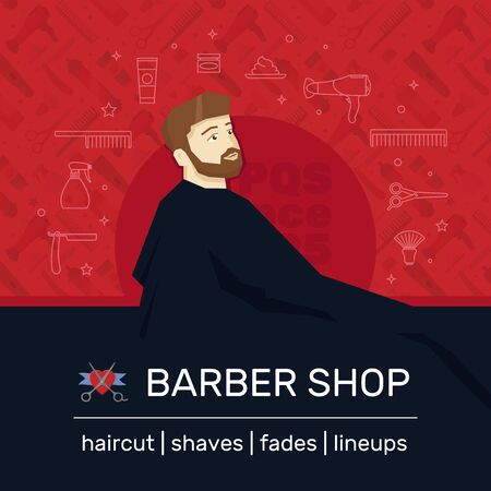 Illustration of banner with client sitting in barbershop.のイラスト素材