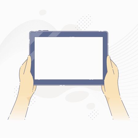 Vector illustration of hand holding tablet computer with blank screen in flat line style.のイラスト素材