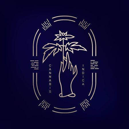 Vector illustration of hand with medical marijuana plant and Cannabis, Indica words on dark blue background.のイラスト素材