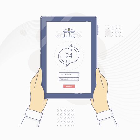 Hands holding tablet with bank sign in screenのイラスト素材