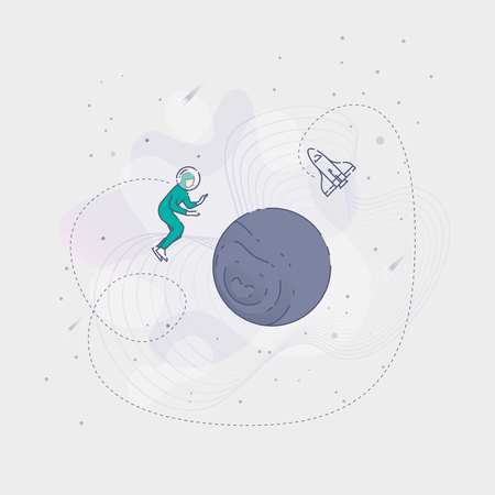 Vector illustration of an astronaut flying over planet in an outer space on grey background.のイラスト素材