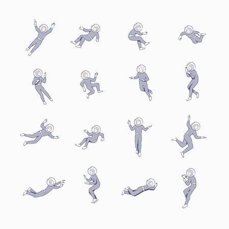 Vector set of astronauts characters floating in different poses over gray background. Flat line design concept.のイラスト素材