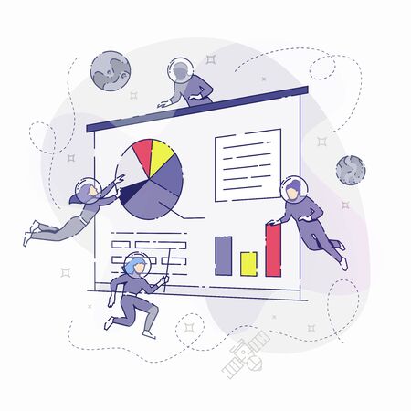 Vector illustration of developers in spacesuits floating around big symbolic presentation screen while making presentation. Flat line design concept.のイラスト素材