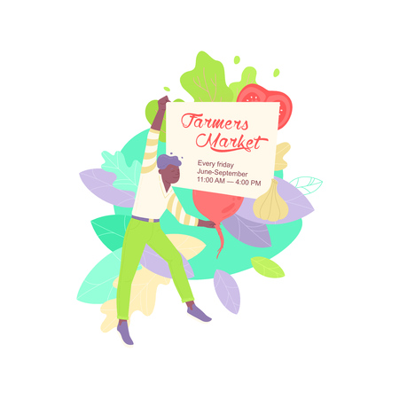 Vector illustration of a man holding sign with FARMERS MARKET words. Dynamic flat colorful illustration. Background or spot design.のイラスト素材