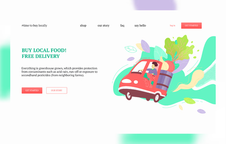 Man on a scooter delivering vegetables. Harvest, local greens and farmers market goods delivery concept. Landing page or web banner vector template.のイラスト素材