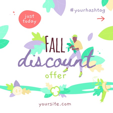 Vector template of Fall Discount Offer banner design with a man carrying kale leaves. Square format.のイラスト素材