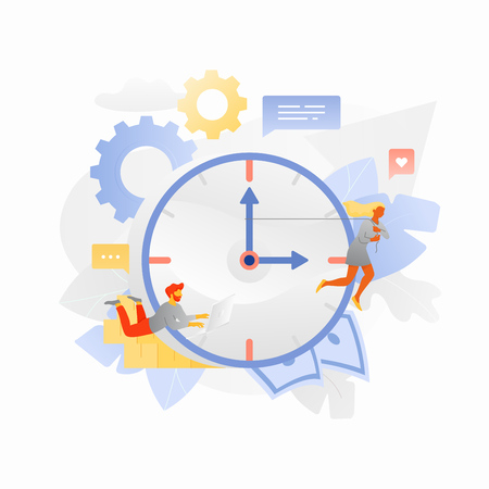 Tiny people characters around big clock isolated on white background. Vector dynamic flat design for business, technology, finance, and other needs.のイラスト素材