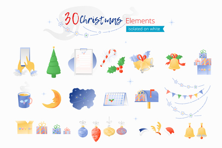 Vector illustration of bright Christmas elements isolated on white backgrounds. New Year objects for cards, invitations, banners, decorations, and more holidays purposes.のイラスト素材