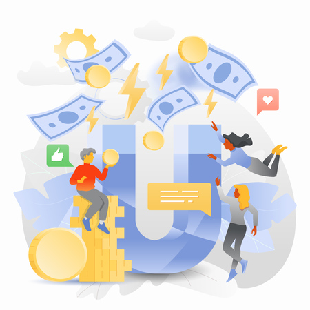 Vector illustration of a big magnet attracts paper money and coins with tiny developers around. Business metaphor of investment.のイラスト素材