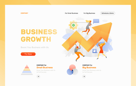 Website header template with big metaphoric arrow surrounded by tiny people characters, cogwheels and leaves. Vector illustration concepts for web and app developmentのイラスト素材