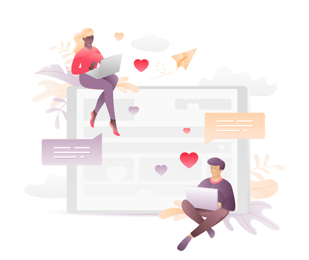 Vector illustration of two young people chatting through laptops. A modern concept of social network acquaintance or virtual relationship.のイラスト素材
