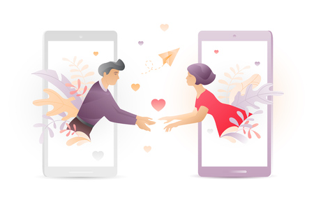 Vector illustration of two young people meeting each other through mobile phones screens. A modern concept of social network acquaintance or Valentine greeting.のイラスト素材