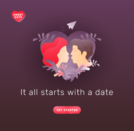 Vector illustration of two young people kissing each other. A modern concept of social network acquaintance or Valentine greeting.のイラスト素材
