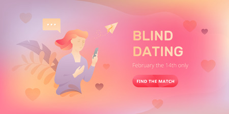 Dating service web banner with a young woman with smartphone, words Blind Dating and call to action button. Romantic and Valentine's day concept.のイラスト素材