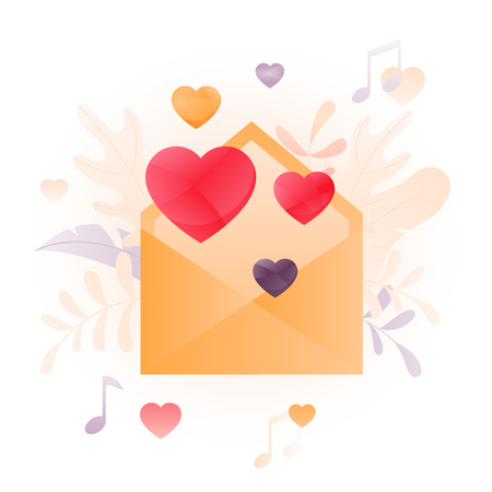 Vector illustration of an envelope with hearts over white background. A modern concept of Valentine greeting.のイラスト素材