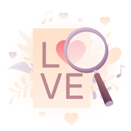 Vector illustration of a big magnifying glass heart in crown over white background. A modern concept of Valentine greeting and dating online.のイラスト素材