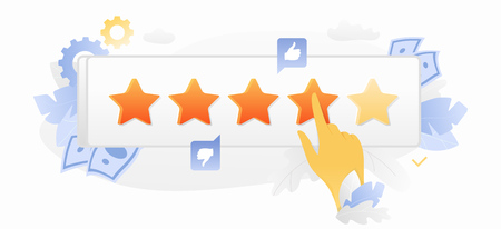 Vector illustration of a hand touching a star over white background surrounded by light gradiented leaves, cogwheels, paper money and clouds.のイラスト素材