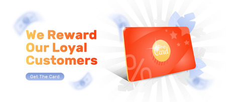 Discount and loyalty card header template with bright red 3d card. Loyalty program and customer service design.のイラスト素材