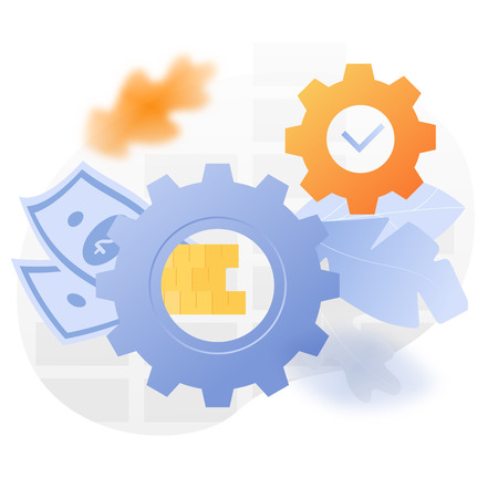 Vector illustration of a two cogwheels over white background surrounded by light gradiented leaves, coins and paper money.のイラスト素材