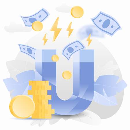 Vector illustration of a big magnet attracting money and coins with lightnings. Trendy and shiny gradient style.のイラスト素材