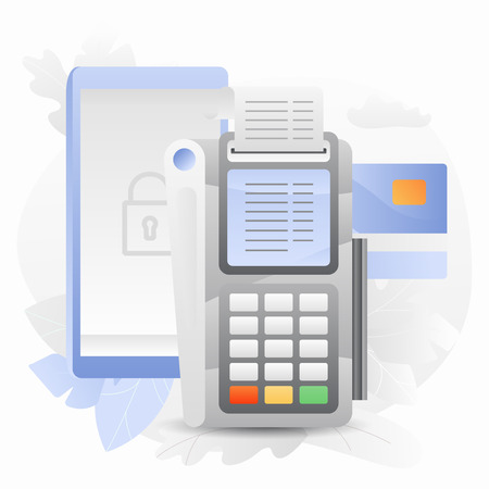 Vector illustration of a pos terminal machine and sellphone. Wireless online transaction concept. Trendy and shiny gradient style.のイラスト素材
