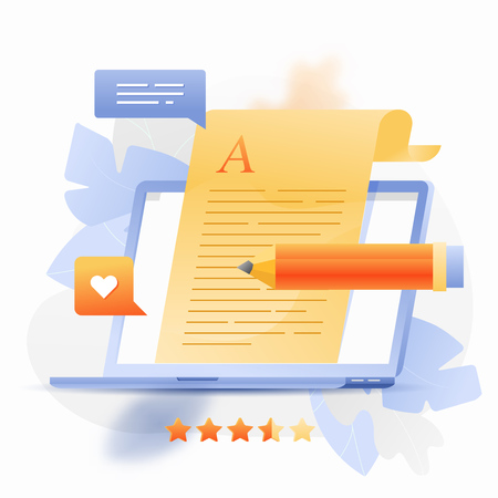 Vector illustration of a paper sheet sticking out of a big laptop. Creative blogging, writing, content creating, copywriting and content marketing concept.のイラスト素材