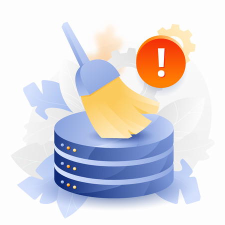 Vector illustration of database cleansing alert. Alert sign, big brush or broom cleaning up database.のイラスト素材
