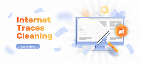 Vector banner template of cleansing internet traces. Big window wiper cleaning monitor screen.のイラスト素材