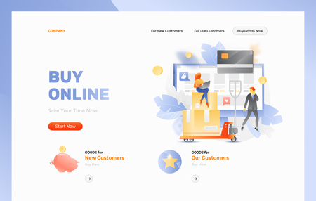 Web page header template of online shopping. Vector tiny people characters ordering goods. Platform trolley, cargo and credit card over a 
computer screen with internet shop.のイラスト素材