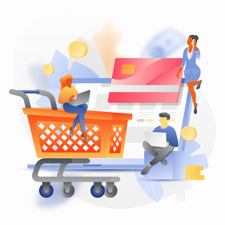 Vector illustration concept of online shop. Vector tiny people characters ordering goods. Shopping cart, gift box and credit card over an open laptop. のイラスト素材