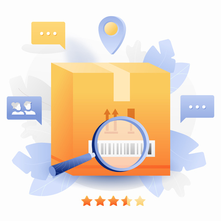 Vector illustration concept of tracking package. Big package box, magnifying glass in modern flat gradient style.のイラスト素材