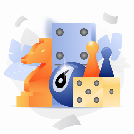 Game pieces vector objects isolated on white background. Domino, knight chess piese, dice as a board gaming concept.のイラスト素材