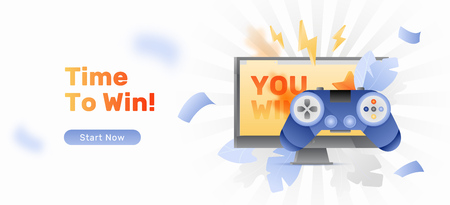 Vector banner template of video game controller over computer monitor with YOU WIN words on it. Video gaming concept.のイラスト素材