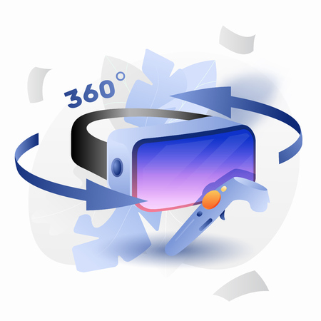 Vector virtual reality glasses with controller. Modern bright concept of vr games and entertainment.のイラスト素材