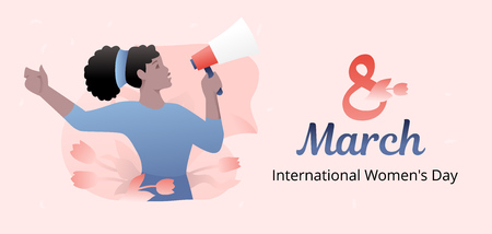 Vector banner template of black independent woman handling megaphone, tulips and flag over pink background. Modern flat design concept for March 8 celebrations.のイラスト素材