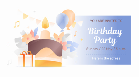 Birthday party horizontal flyer vector template with cake, candle, balloons and copy space.のイラスト素材