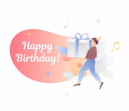 Happy birthday card vector template in pink shades with young man handling a big gift box.のイラスト素材