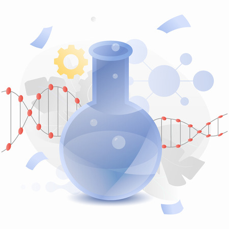 Modern science vector illustration with flask and dna molecule. Trendy flat design concept with gradients.のイラスト素材