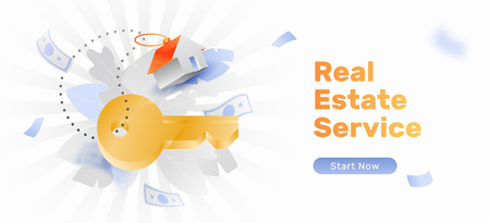 Real estate service vector banner template with big golden key and red roofed trinket house. 3D with gradients style.のイラスト素材