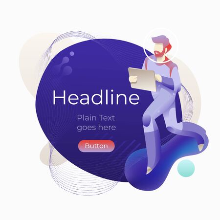 Man in a spacesuit using a tablet computer over a modern abstract navy blue background. Vector template for web banners, media posts, advertises, marketing materials.   のイラスト素材